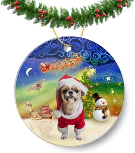 Daizhaiba Божиќ магија lhasa apso Божиќен украс круг празник подарок Божиќ украси за дрво слатко животно украси украс рамен круг