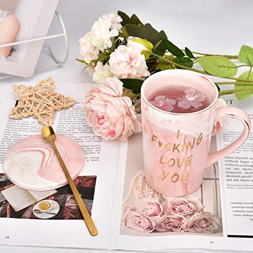 Јас ве сакам чаша - смешна кафе кригла за жени - те сакам подароци за неа - најдобри идеи за подароци за вineубените - розова мермерна кригла