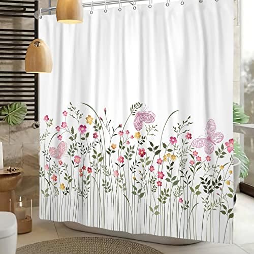 Цветна завеса за туширање на Јеле, ботанички завеси за бања со диви цвеќиња акварел розови цвеќиња и пеперутки бела образец завеса за бања