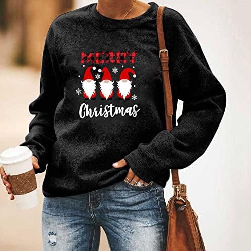 Женски Среќни Божиќни Дуксери Смешни Карирани Букви Гноми Печатење Пуловер Врвови Капка Рамо Долги Ракави Маици