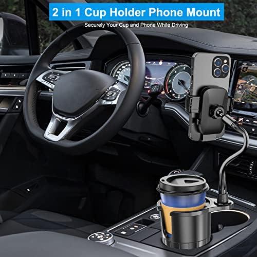 Држач на чаша за автомобили со монтирање на телефон, 2 во 1 прилагодлив експандер на држачот на чашата со 360 ° ротација на држачот