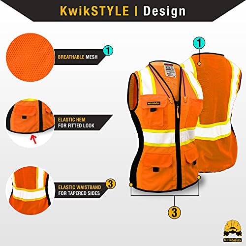 Kwiksafety 9 џебови Премиум Класа 2 Висока видливост Рефлексивни ANSI OSHA опремени градежни работи w/Zipper | Портокалово мал