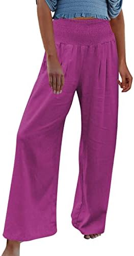 Панталони со широки нозе во ДСОДАН за жени цврста боја лабава панталони за одблесоци женски обични памучни постелнина со високи панталони со џемпери