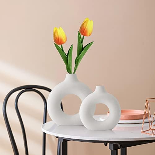 Керамички вазен сет од 2, бели керамички вазни за домашен декор шуплив круг мат, модерен круг вазни за цвеќиња пампас трева вазна,