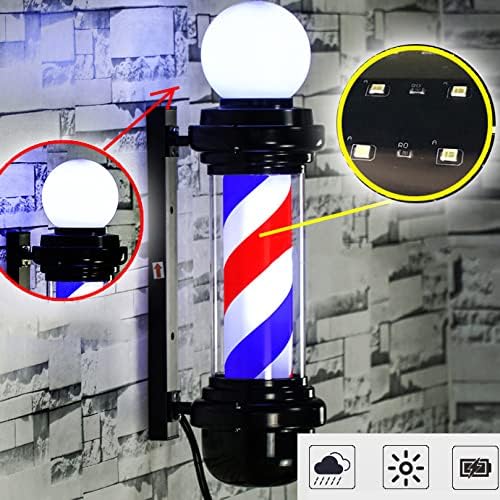 Ротирачки столб за берберница, со врвна LED сијалица, салон за коса, тркалајќи црвено бело сино светло знак, водоотпорен затворен/отворен,