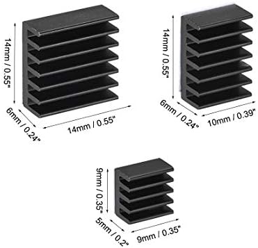 uxcell црна паралелна форма на алуминиум за греење со спроводливо лепило за RPI, 14x14x6mm, 14x10x6mm, 9x9x5mm, 1 сет вкупно 3 парчиња