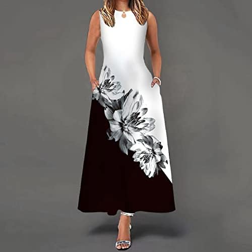 Iuhan Sundresses for Women Floral Print Swing Loose Long Long Kanfan Maxi Sun фустан без ракави, без ракав, моден матурски фустан на вратот