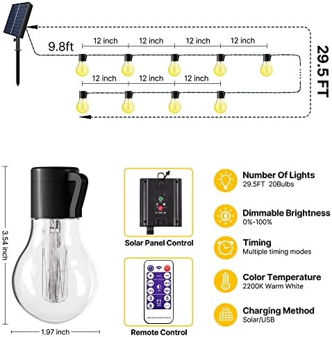 Фусион соларни жици светла на отворено, 29,5 метри водоотпорни LED USB и соларно напојување на отворено светла со жици со 20 -тина Едисон,