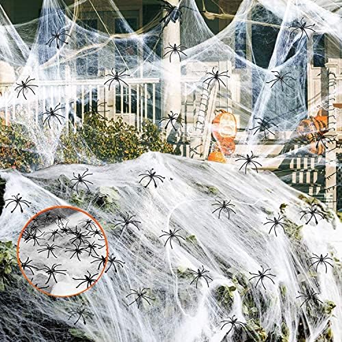 Ecoostar 1400 Sqft Spider Webs Halloweeen Decorations, Well Spider Spider Web со 60 лажни пајаци, украси за Ноќта на вештерките на пајажина, украси