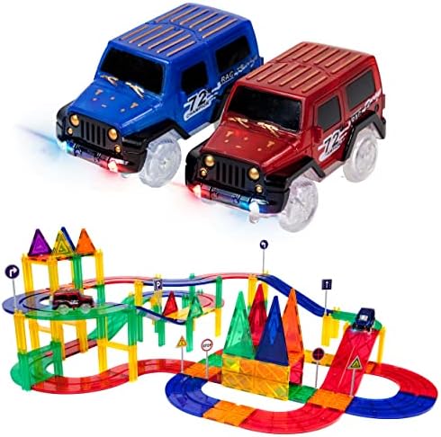 Picassotiles 80 парчиња тркачки патеки за градење блок едукативни играчки сет магнетни плочки магнет DIY Playset 2 осветли автомобил