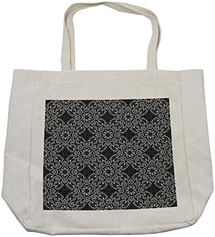 Црно-бела кеса со црно-бело, апстрактна монохроматска композиција со цвеќиња и лисја од лисја, еколошка торба за еднократна
