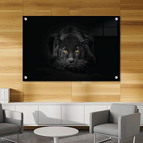 Акрилна стаклена рамка модерна wallидна уметност Пантер - Animalsивотни во диви црно -бели серии - дизајн на ентериер NFT - акрилна wallидна уметност