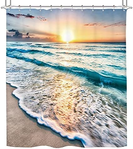 Riyidecor Океан Плажа Тематските Сцена Ткаенина Ткаенина Декоративни Туш Завеса Поставува За Бања Изгрејсонце Зајдисонце Поглед