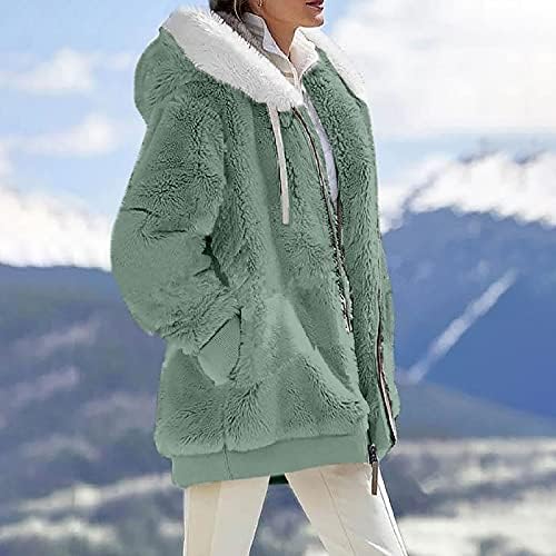 Cokuera hasенска мода есен зимски нејасен руно со качулка со џебови во боја блок крпеница кардиган палта надворешна облека