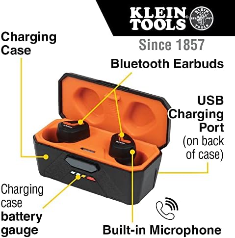 Klein Tools AESEB1 Bluetooth WorkSite Earbuds, безжични уши за заштита на слухот со рејтинг за намалување на бучавата од 28dB, 15-часовно