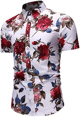 Mens Slim Fit Printed Beach Hawaiian копче надолу фустан од маица кратки ракави цветни врвови за мажи