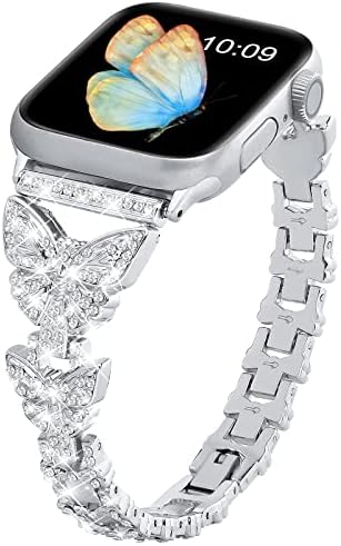 V-MORO Компатибилен Со Bling Apple Watch Bands 45mm/44mm/42mm Серија 8/7/6/SE, Луксузен Накит За Пеперутки Метален бенд Жена Мода Сјајна