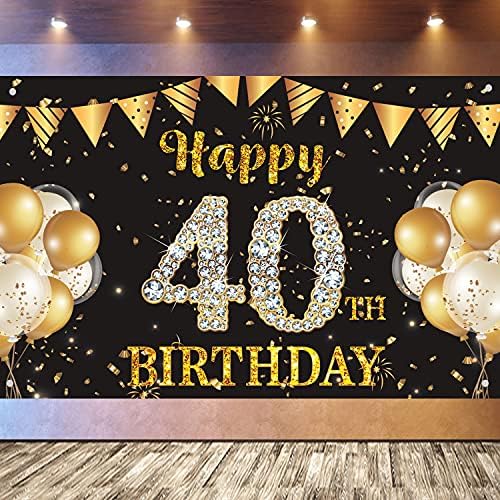 40 -ти роденденски банер за позадина, голема ткаенина среќен роденденски знак за банер, црни и златни забави украси за мажи, 40