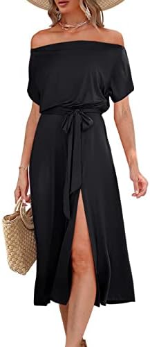 Обичен исечен фустан за жени лето солидна боја со краток ракав фустан дама елегантен вратоврска половината долг фустан со џеб