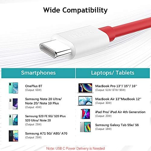 OnePlus 8T 9 Pro 10t Полнење На Кабел За Полнење 65w, COOYA USB C ДО USB C Кабел За Macbook Air MacBook Pro 2020,6 FT 2-Пакет Супер