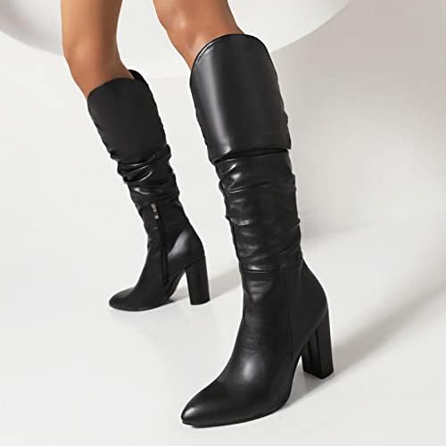 Чизми со високо возење на коленото, женски модни модни чизми за патент меки чизли чизми од западен каубојски чизми