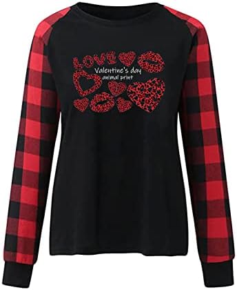 Женски срцеви печати маички врвови во боја блок со долги ракави кошули графички случајни лабави екипи блузи валентин џемпери