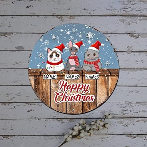 Божиќен венец знаци обичај мачка име зимска снежна сцена околу металниот калај знак Божиќна врата декор гроздобер алуминиумски знак за бар