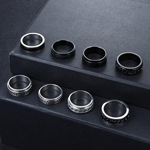 LOLIAS 8PCS FIDGET RINGS FOR ANGESTIONY TEENS MAN WOMEN BLACK STAINLES челични вртечки прстени 8мм 6мм ширина на спинерот на анти-анксиозност