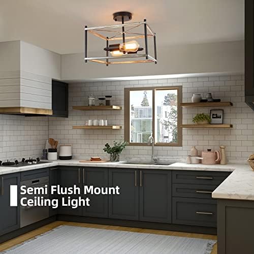 Hurray Semi Flush Mount Filing Light Firesture 2 -Lights Rustic Farmhouse 14in, таванот светло гроздобер метална таванска ламба за кујна