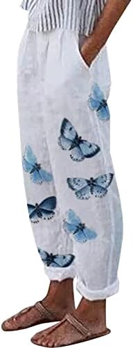 Женски постелнина панталони пеперутки печатени панталони обични памучни еластични панталони панталони панталони