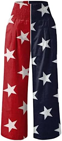 Постелни панталони со широки нозе на 4 -ти јули за жени американско знаме еластично руширани панталони со широки нозе со џебови со џебови