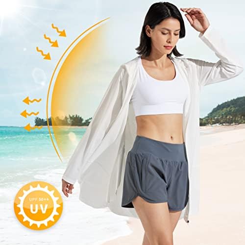 Libinенска женска заштита од сонцето, јакна со долги ракави, пливање плажа, прикријте лесна кошула за пешачење со џебови со џебови upf 50+
