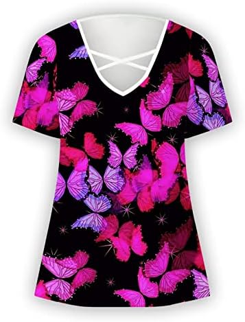 Женски врвови случајни облеки v вратот краток ракав крст крст-маица 2023 лето слатки трендовски печатени кошули лабави вклопувани блузи