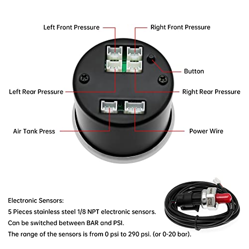 Комплет за мерач на притисок на воздушна суспензија 2 52мм 7 боја 290 psi 20 бари со 5 парчиња 1/8 NPT електронски сензори за системи