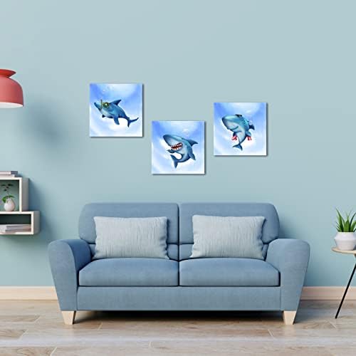Homeoart Синиот океан прекрасна ајкула сликарство слика платно печати деца деца смешни бања wallид декор 3 парчиња, врамени