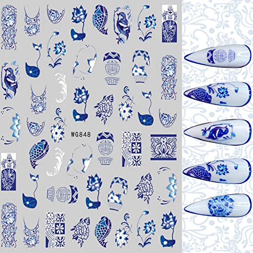 8 листови сини и бели порцелански налепници за уметност на ноктите декорации самолепливи пегатини пара ужас ретро елементи тигар лав