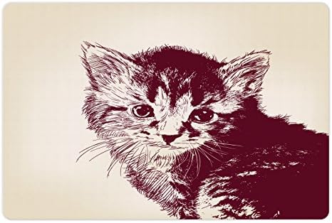Ambesonne Cat Pet Mat за храна и вода, илустрација во стил на гранџ на малку невино маче на гроздобер позадина, гума од гума за кучиња и мачки, 18 x 12, крем за карион, канелен крем