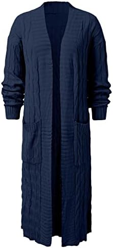 Џемпери за жени обични долги ракави плетени отворени предни лабави елегантен топол џемпер џеб со долги ракави палто
