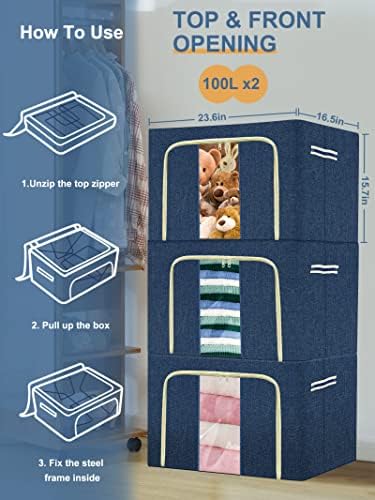 Кутии За Канти за Складирање облека - 2 Пакување 100l Преклопен Организатор На Контејнери Со Метална Рамка, Држач За Етикета , Јасен Прозорец,