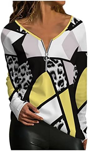 Женски леопард Хенли Туника врвови 2023 година есенски модни врвови со долги ракави против вратот на вратот нагоре со ребрести