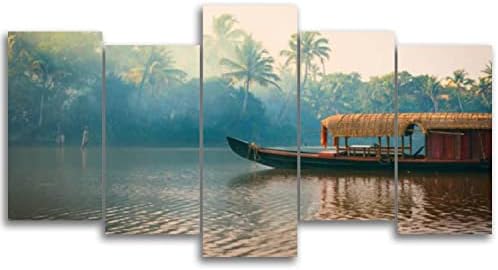 ZXZSGB платно сликарство wallидна уметност подготвена да виси куќен чамец закотвен во езерото со џунгла задните води Керала Индија отпечати слика