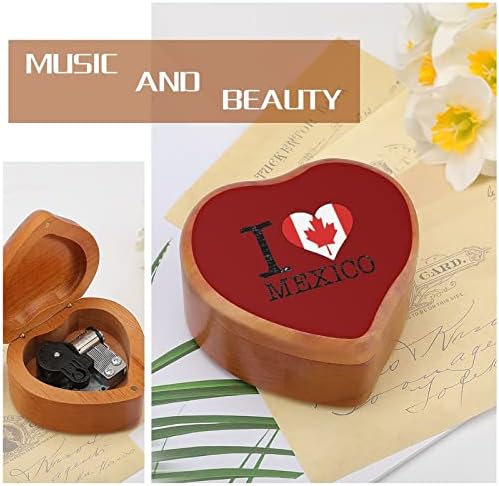 Ја сакам Канада Мексико Дрвена музичка кутија со срцев облик на срце, ветровито музичко кутија гроздобер дрвена часовна музичка