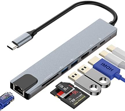 USB C до HDMI, Ethernet, USB A, Type-C, TF Micro SD картичка Прочитана монитор за ТВ-приказ Донгл Адаптер Докинг станица Центар за лаптоп Површински