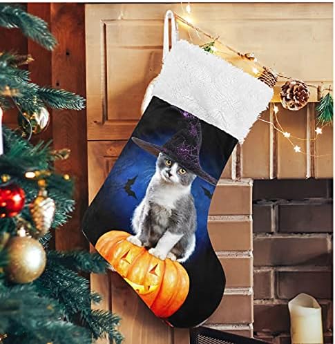 Алаза Божиќни чорапи мачка седат на класичните тикви за Ноќта на вештерките, персонализирани големи декорации за порибување за семејни