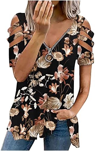 Летна маица за жени за жени Zipper v вратот ладно рамо на рамото на врвот на цветните печатени лабави блузи Туника на врвови за хеланки