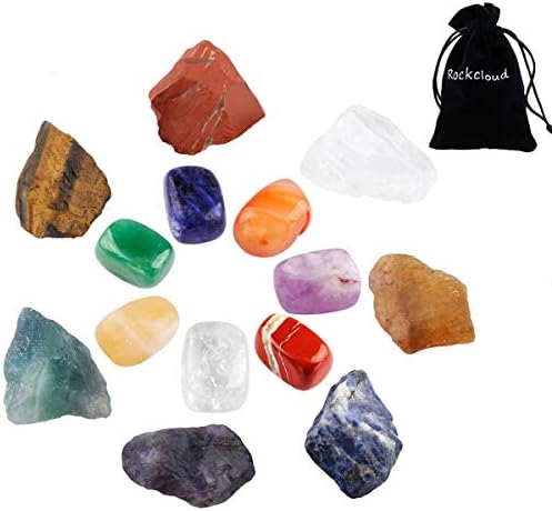 Комплет за кристали за лекување Rockcloud, шарена 7 чакра испреплетени камења и 7 сурови камења сет