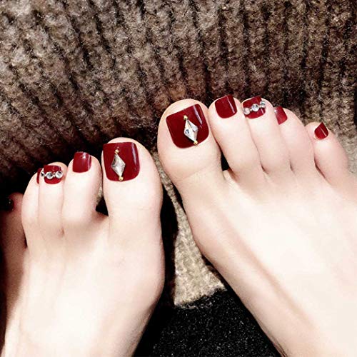 Фстренд 24 парчиња Кристал Лажни Нокти На Нозете Црвена Кратка Целосна Покривка Лажен Шајка За Прсти Акрилни Лажни Нокти На
