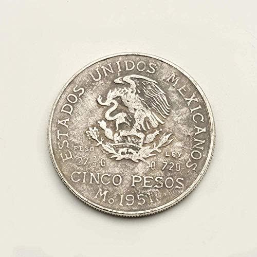 1951 Мексико 5 Пезос Сребрена Монета Сребрен Долар Американски Орел Океан Антички Океан Сребро Тркалезна Странска Валута Античка