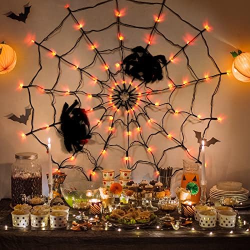 Ноќта на вештерките пајаци веб -светла со црни пајаци украси, дијаметар од 3,25 метри 70 LED водоотпорни портокалови светла и 2 црни