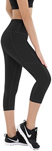 Хофи со висока половината Капри Јога панталони за жени тренингот хеланки со џебови Контрола на стомакот 2 пакувања